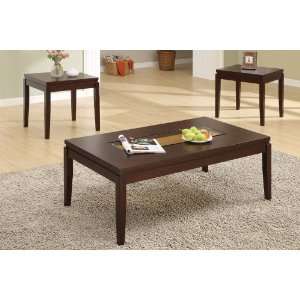  3pc Coffee Table Set with Glass Inlaid in Brown Finish 
