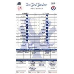  Rangers at Yankees 6 04 2009 Game Used Lineup Card (MLB 