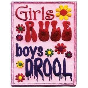 Girls Rule, Boys Drool   2.5 Sew / Iron On Embroidered Patch (pink 