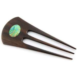   Wood Oriental Fan Carved Pin With Mother Of Pearl Inlay Hair Stick