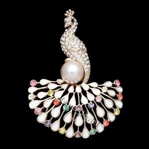 Multi Color Gold Peacock Bird White Enamel tail Pearl Crystal Brooch 
