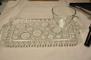 COLONIAL LADY CRYSTAL TRAY w/GLASS TEA or COFFEE CUP PAIR    RARE 50s 