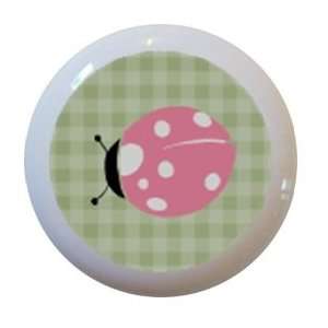 Pink Ladybug Green Gingham Ceramic Cabinet Drawer Pull Knob