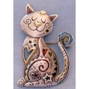  Happy Kitty Cat with Hearts and Flowers Enamel Pewter Pin 