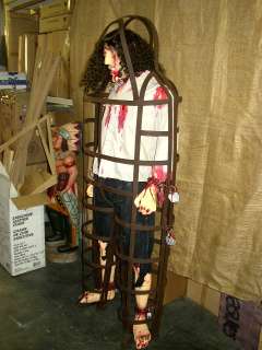 Life Size Statue Tortured Bloody Man in Cage Halloween Prop Display 