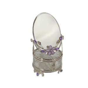  Glass Jewelry Trinket Box & Mirror w/ Lavender Flower 