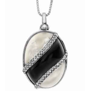  Mother of Pearl, Onyx and Diamond Oval Pendant (0.17 cttw, I J Color 