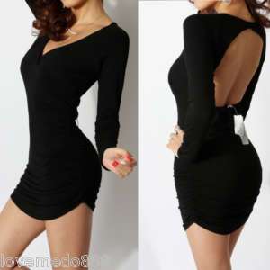 Women Deep V Open back casual club mini dress Black S M  