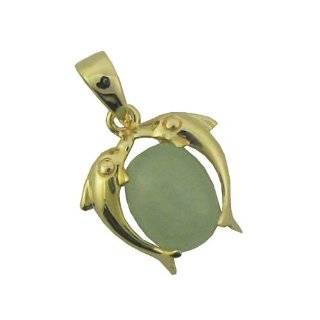 Light Green Jade Small Twin Dolphin Pendant, 14k Gold by Golden Dragon