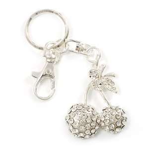  Clear Diamante Cherry Keyring (Silver Tone Metal) Jewelry