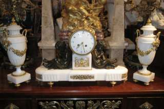 Antique Tiffany Marble & Bronze Mantle Clock Garniture  