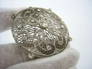   Deco 7.5ct Diamond Filigree Honeycomb Web Circle Platinum 55mm Brooch