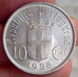 1928 PORTUGAL 10 ESCUDOS   KM # 579 SUPERB GRADE SILVER  