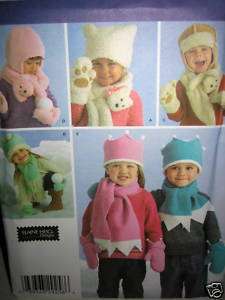 Simplicity Childs Fleece Winter Hats Gloves Scarf #4354  