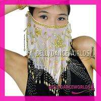 BELLY DANCE COSTUME FACE VEIL GOLD BEADS SEQUINS 8 CLRS  