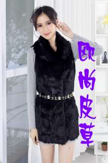   genuine real rabbit fur fashion warm black long vest coat jacket