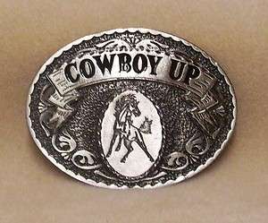 Belt Buckle Cowboy Up Black Enamel over Pewter Oval  