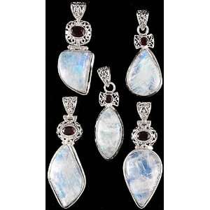 Lot of Five Rainbow Moonstone Pendants with Garnet   Sterling Silver