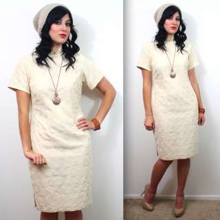 Vtg 60s EYELET Silk Asian NEW LOOK Cream PIN UP Bombshell Wiggle Party 
