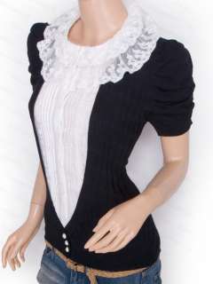 Knit Lace Ruffles Collared Built in Career Shirt Short Sleeves Blouse 