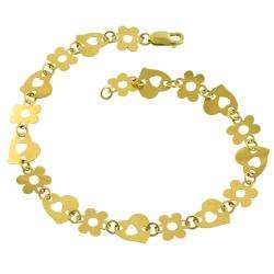 14k Yellow Gold Heart and Flower Link Anklet (10 mm)  