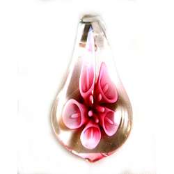   Glass Clear and Pink Lily Flower Tear Drop Pendant  