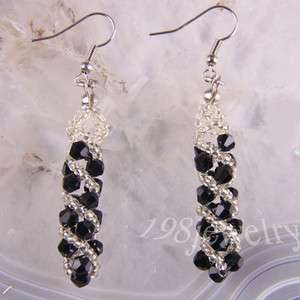 Black Swarovski Crystal Faceted Beads Weave Dangle Earrings 1Pair 