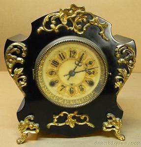 Antique c1890 NEW HAVEN Fancy Mantel Clock Cast Iron Black Enamel Gilt 