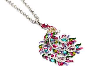 SILVER MULTI COLOR CRYSTAL PEACOCK STATEMENT NECKLACE  