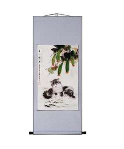 Peony Flower & Cats Chinese Art Wall Scroll Painting  
