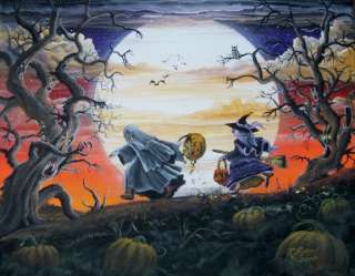 Folk Art Halloween Full Moon Monster Trees Trick or Treaters Ghost 