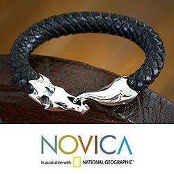 Sterling Silver Mens Dragon Leather Bracelet (Indonesia 