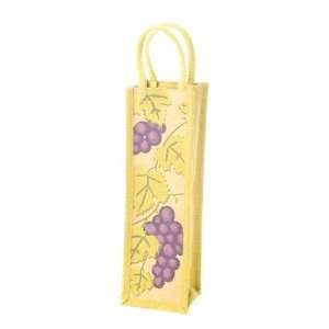  One Bottle Grapes Print Yellow Jute Wine Tote w/ Rope 