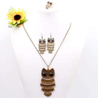   Bronze OWL Pendant Long Chain Necklace Earrings Ring ~ 1 Set  