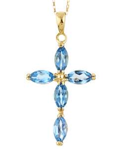14k Yellow Gold Marquise Blue Topaz Cross Necklace  