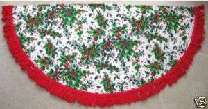 Vintage 50s 60s Christmas Holly Linen Fringe Tablecloth  