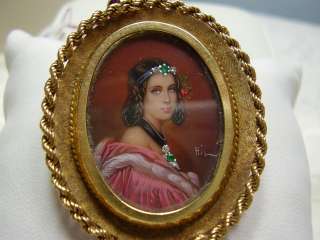 Hand Painted Cameo with Jewels 18K YG Pin/ Pendant  
