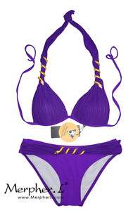 Purple Ruffle Halter String Push Up Paded Snake Embellished Bikini 