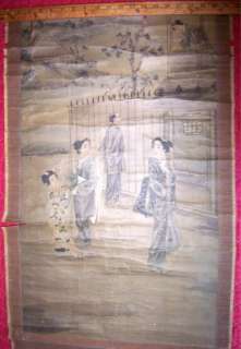 19th c Painted Japanese Scroll Mother, Daughter & Geisha  