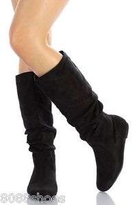 Black Knee High Suede Round Toe Slouchy Womens Winter Causal Flat 