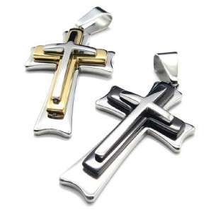 MENS STAINLESS STEEL GOLDEN SILVER BLACK CROSS NECKLACE  