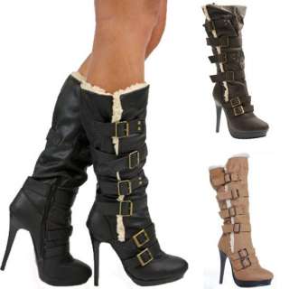   Platform High Heel Stiletto Winter Fur Zip Calf Knee High Boots Size