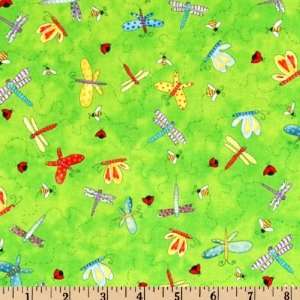  45 Wide Ribbet ing Tossed Bugs Green Fabric By The Yard 