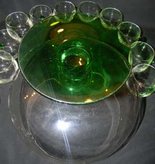 18 Pc CLEAR & GREEN GLASS PEDESTAL PUNCH BOWL CUP SET  