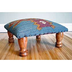 Handmade Kilim Wooden Leg Square Footstool (India)  