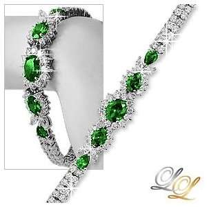  Silver CZ Simulate Emerald Green Floral Tennis Bracelet 