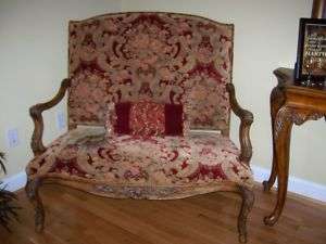   Heavily Carved Clear Walnut Crimson Sage Gold Floral Chenille Settee