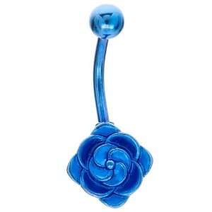   Blue Flowers In Bloom Anodized Titanium Belly Button Ring Jewelry
