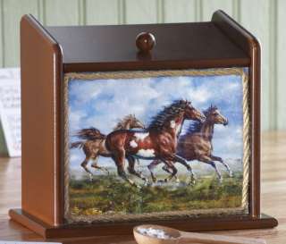 Galloping Running Horses Western Kitchen Wooden Recipe Box  