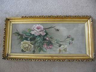   OLD ROSE OIL PAINTING ROSES & BEE on Canvas Framed Almost Yard Long